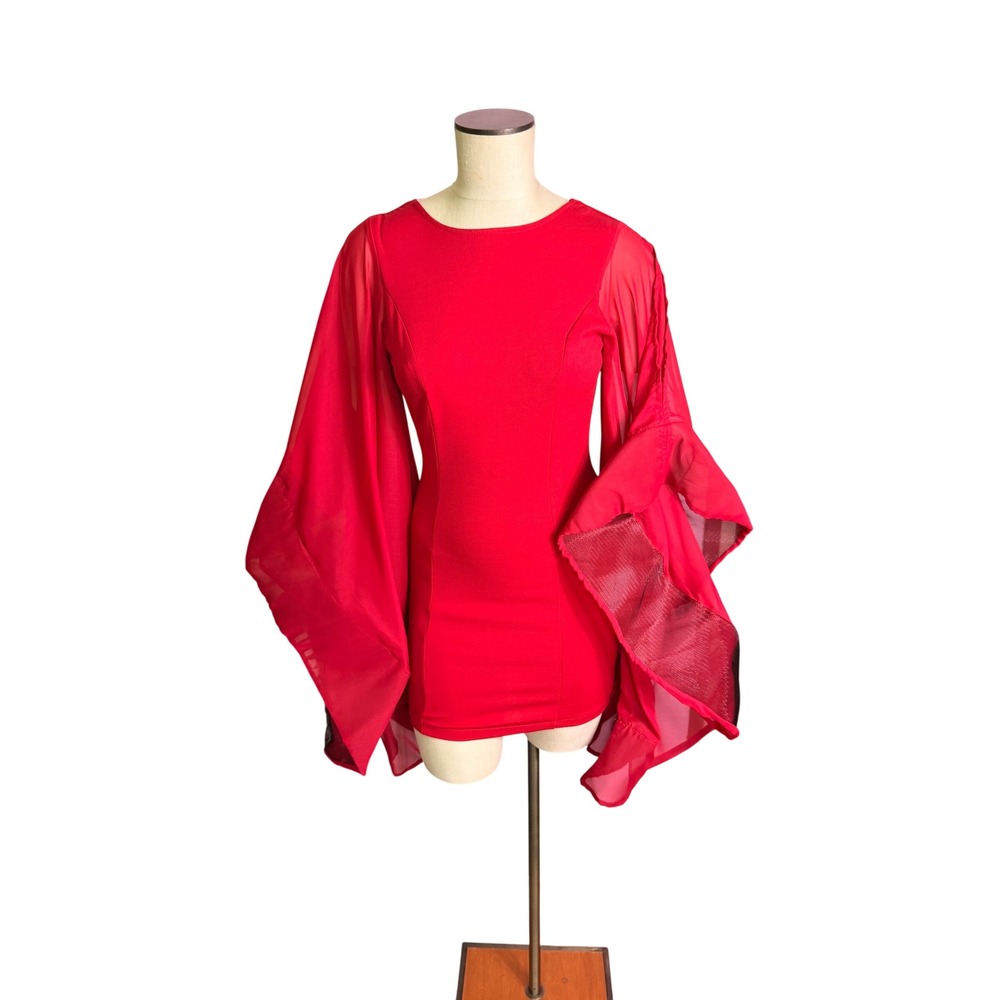 Unbranded Dramatic Mesh‎ Bell Sleeve Mini Dress XS Red Open Back Bodycon Party